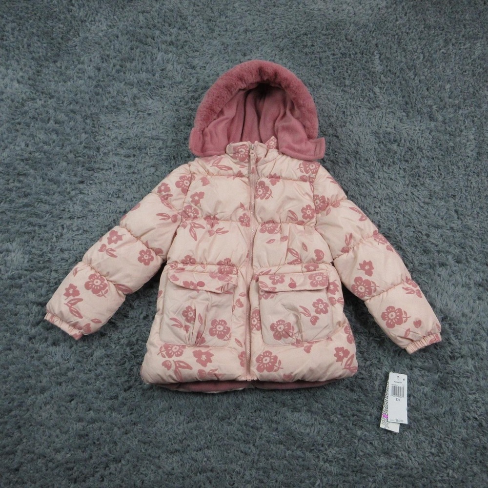 Kensie Girl Puffer Jacket Girls S Pink Floral Quilted Hooded Fur Trim NWT